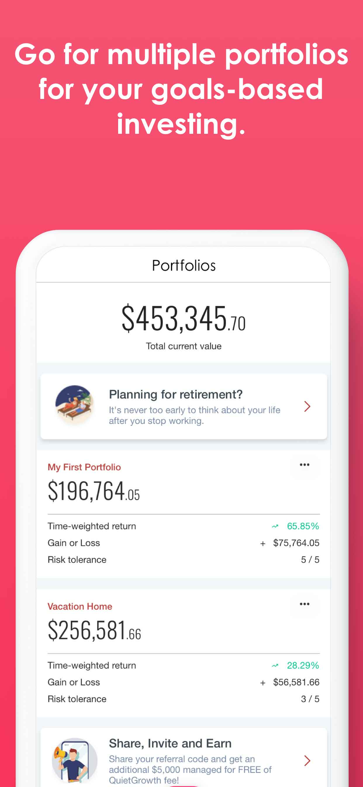 QuietGrowth iOS App Multiple Portfolio
